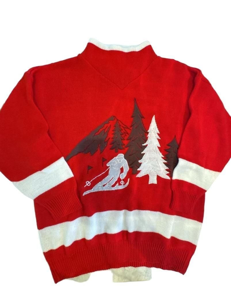 Oui Designer Collection Ski Sweater Size L Red Mountain Scene 2