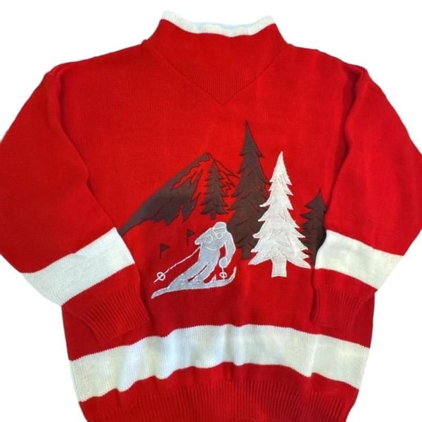 Oui Designer Collection Ski Sweater Size L Red Mountain Scene