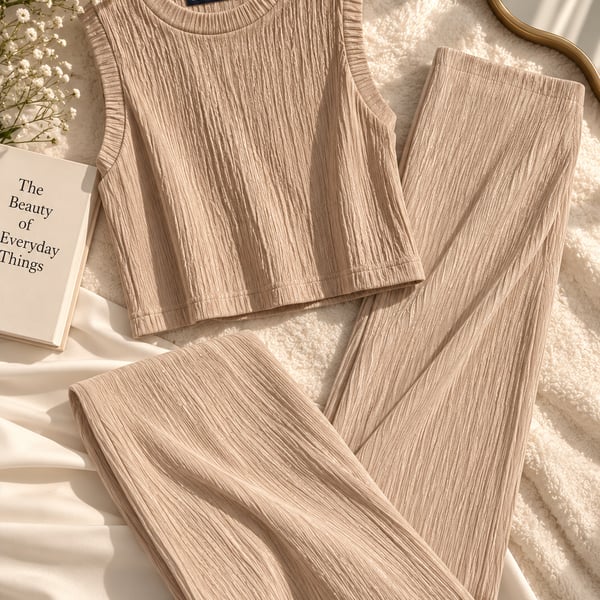 Love Poem 2-Piece Set Size L Beige Textured Sleeveless Top and Pants