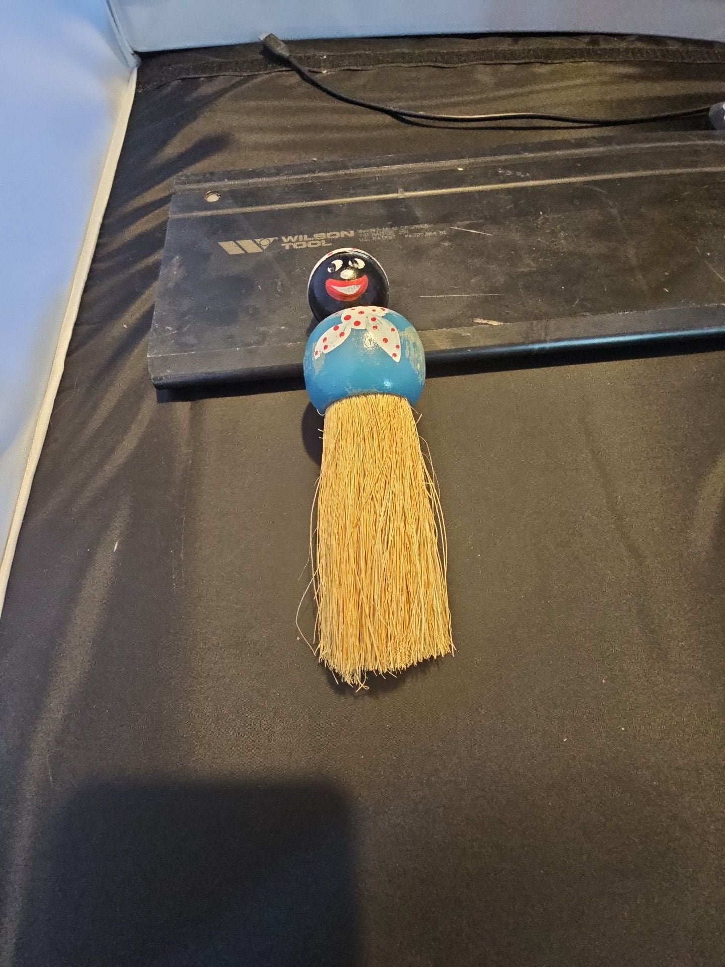 Vintage Hand Painted Wooden Figural Doll Whisk Broom Blue 1
