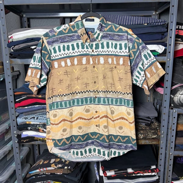 Chaps Ralph Lauren Short Sleeve Geometric Print Button Down Shirt Medium