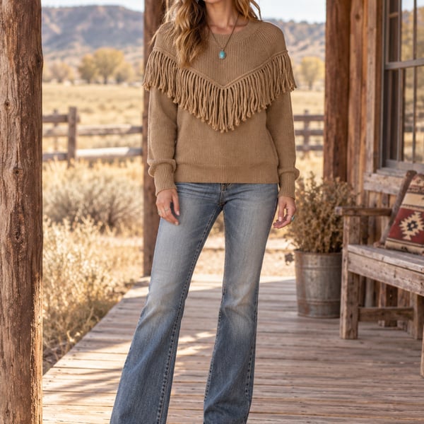LOFT Fringe Sweater Women’s Small Camel Tan Knit Western Boho Pullover
