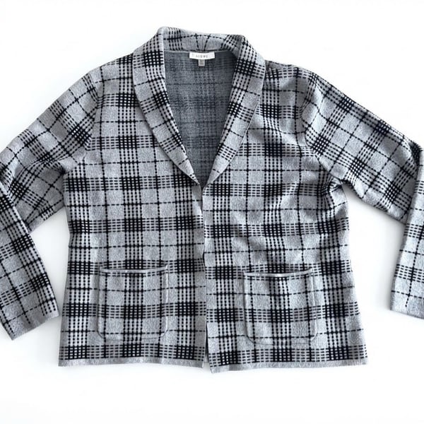 Sioni Plaid Cardigan Size XL Grey Black Open Front Pockets