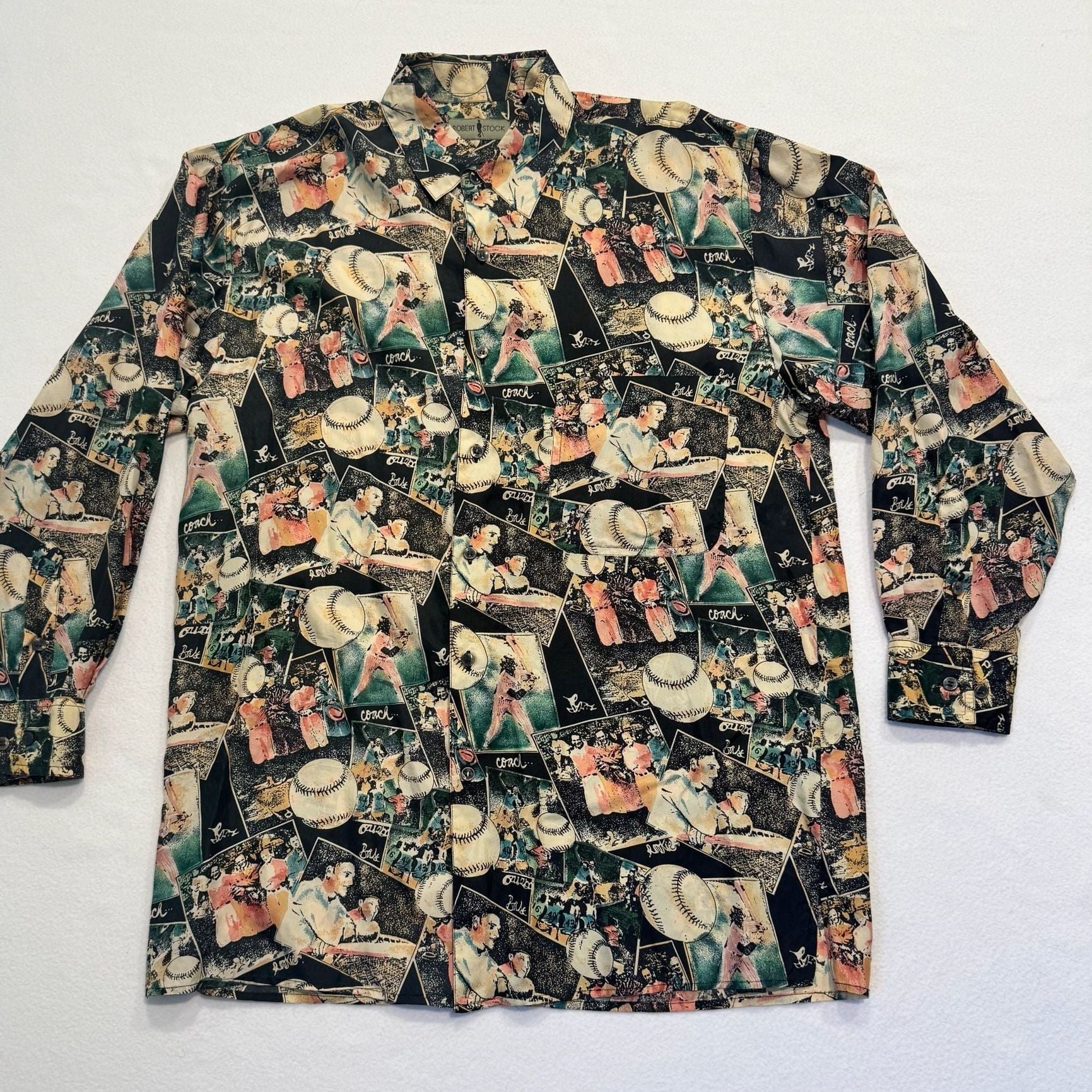 Robert Stock Vintage 90s Men’s Medium 100% Silk Baseball Print  10