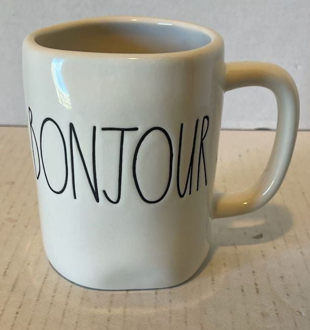 Rae Dunn BONJOUR Coffee Mug Ceramic White Black 1
