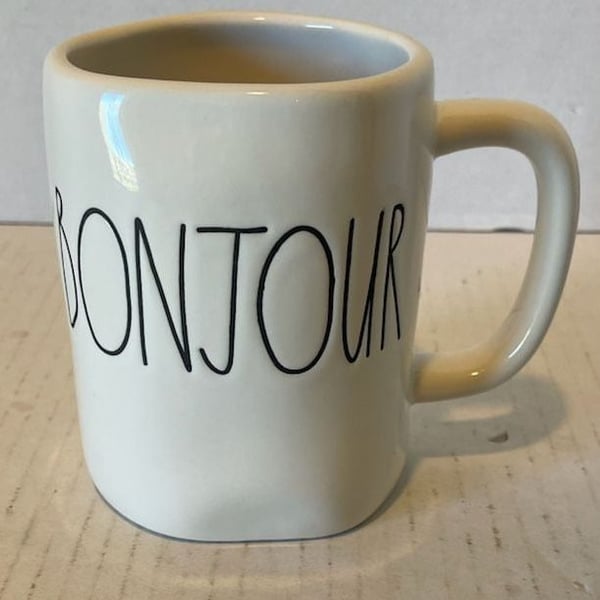 Rae Dunn BONJOUR Coffee Mug Ceramic White Black