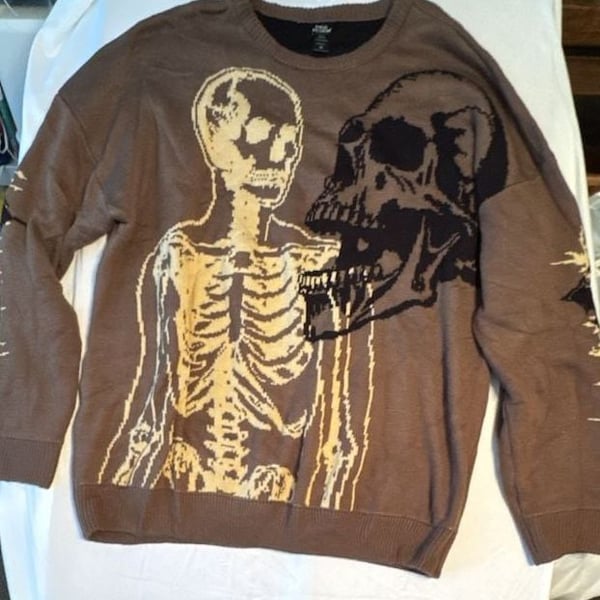 Social Collision Skeleton Knit Sweater Size 3X Brown Skull Graphic