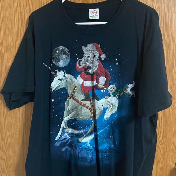 Dec. 25th Christmas Cat Santa Riding Unicorn Believe T-Shirt Size XL