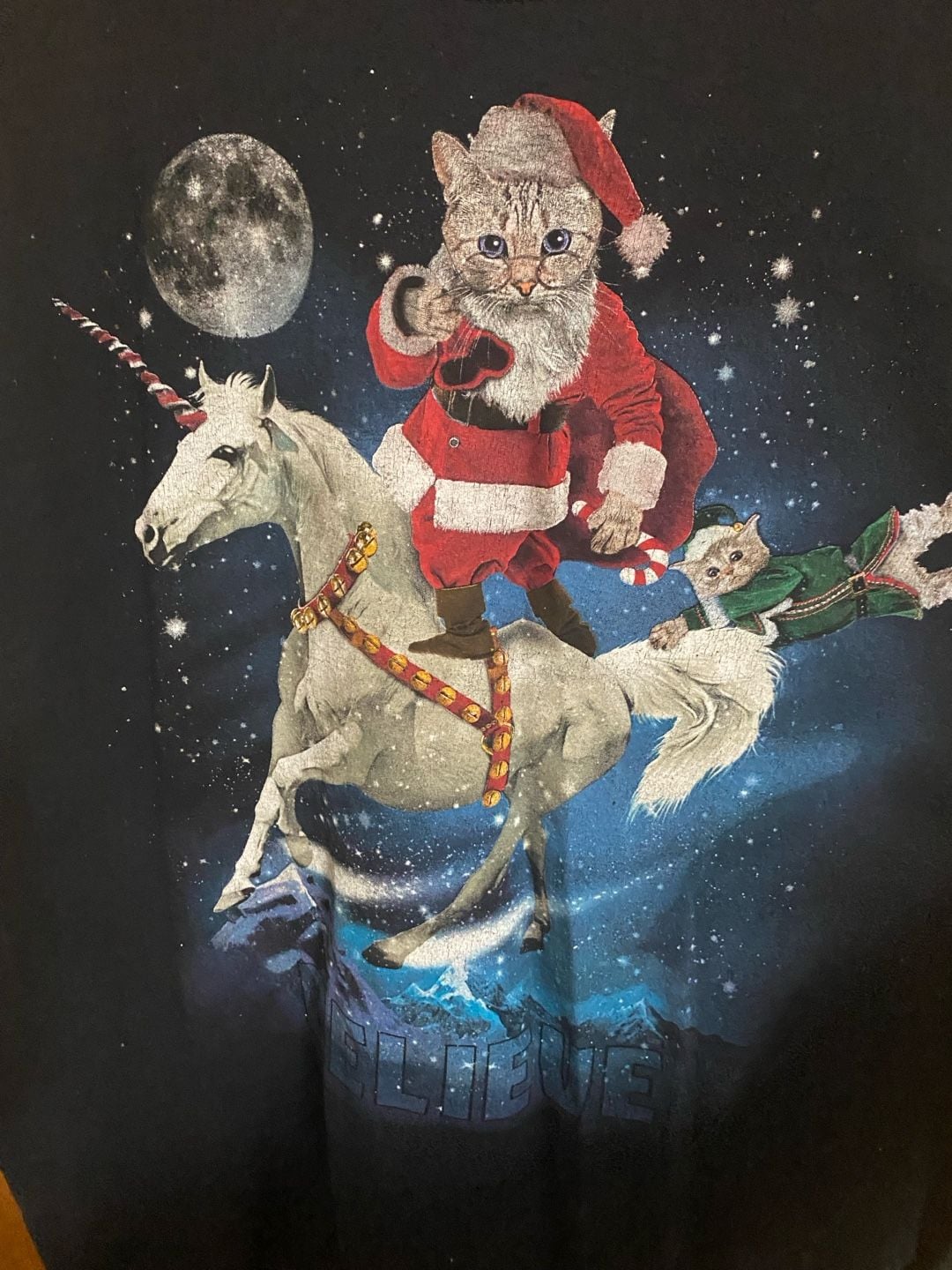 Dec. 25th Christmas Cat Santa Riding Unicorn Believe T-Shirt Size XL 3