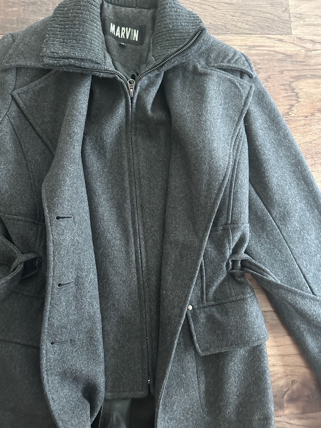 Marvin Richards Wool Blend Belted Coat Size M Gray 7