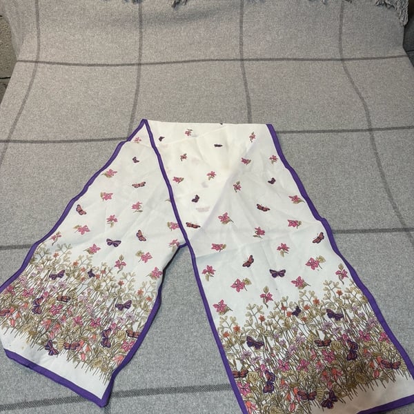 Italian Butterfly Floral Scarf Purple White Polyester Made in Italy