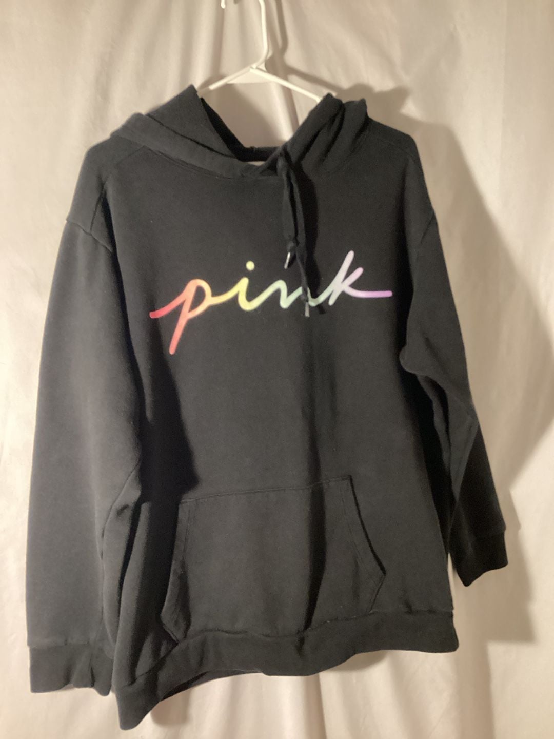 Victoria's Secret PINK Campus Pullover Hoodie Size L Black Rainbow Script 2