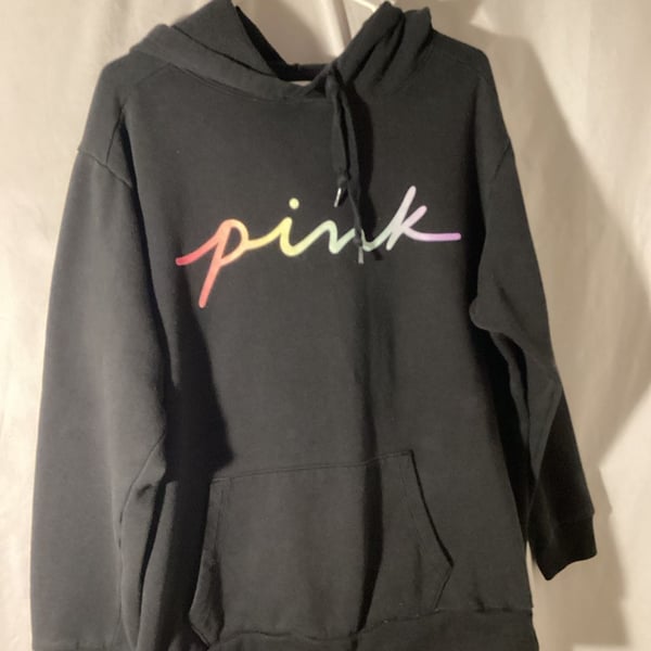 Victoria's Secret PINK Campus Pullover Hoodie Size L Black Rainbow Script