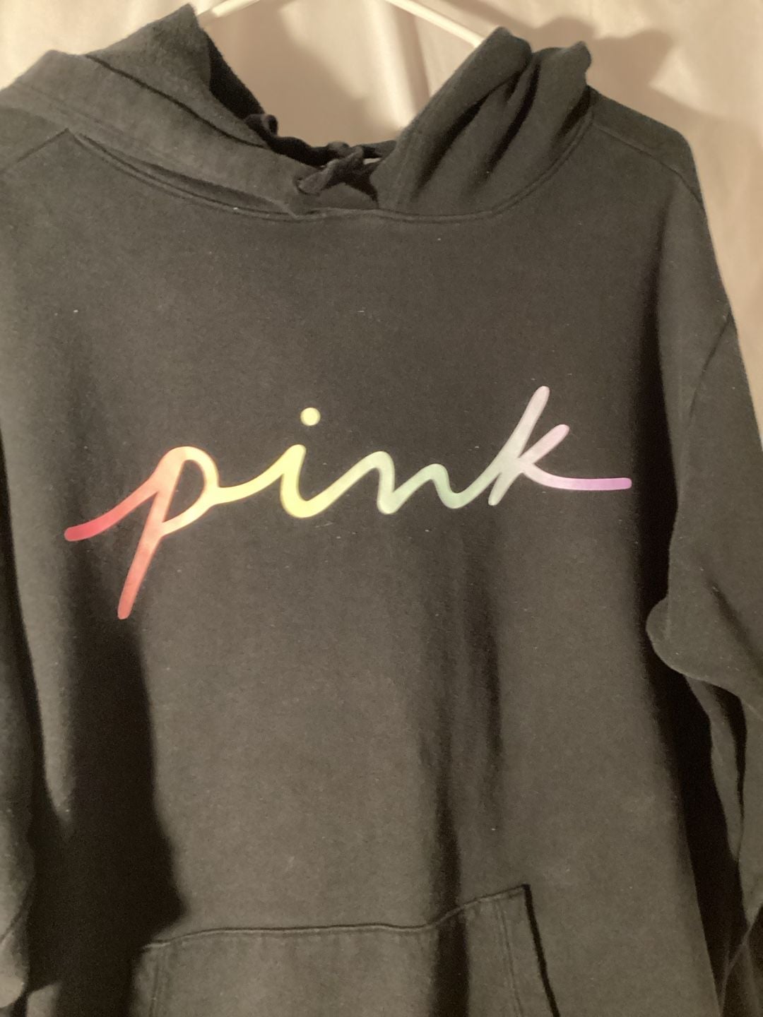 Victoria's Secret PINK Campus Pullover Hoodie Size L Black Rainbow Script 3