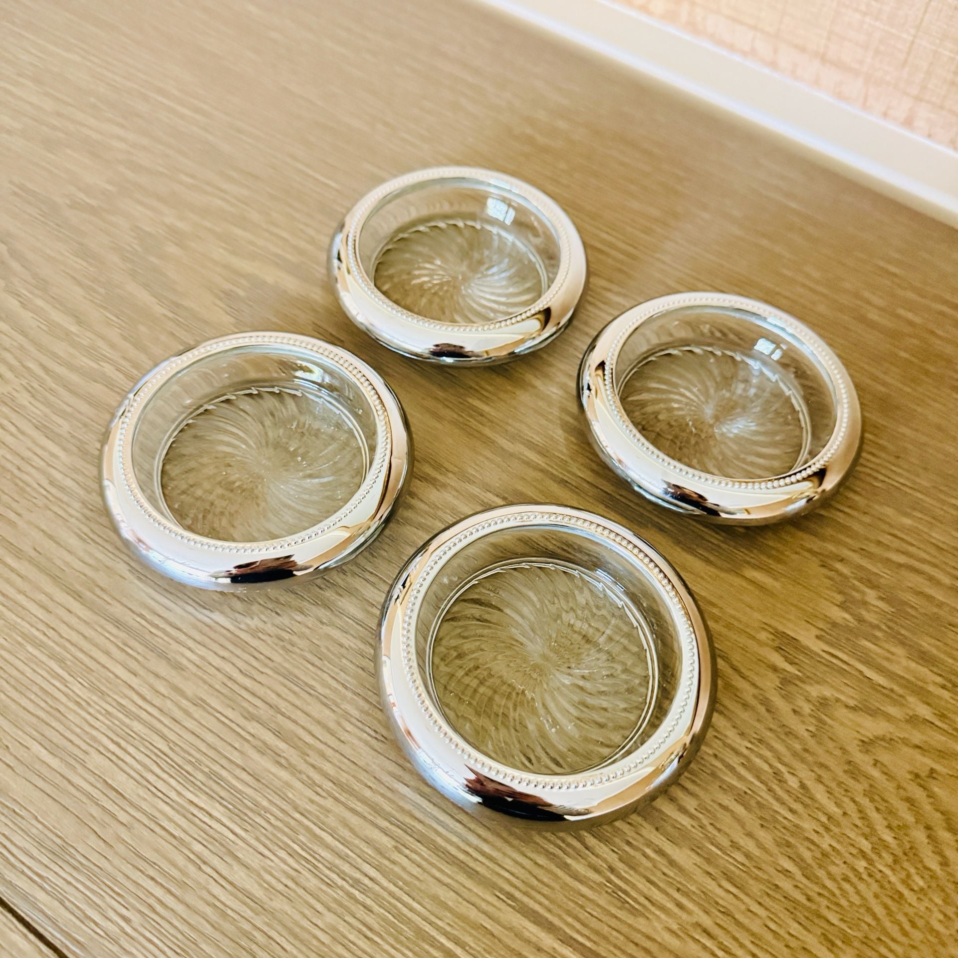 Vintage Silver Plated Glass Coasters Set Of 4 Starburst Swirl Beaded Rim 2