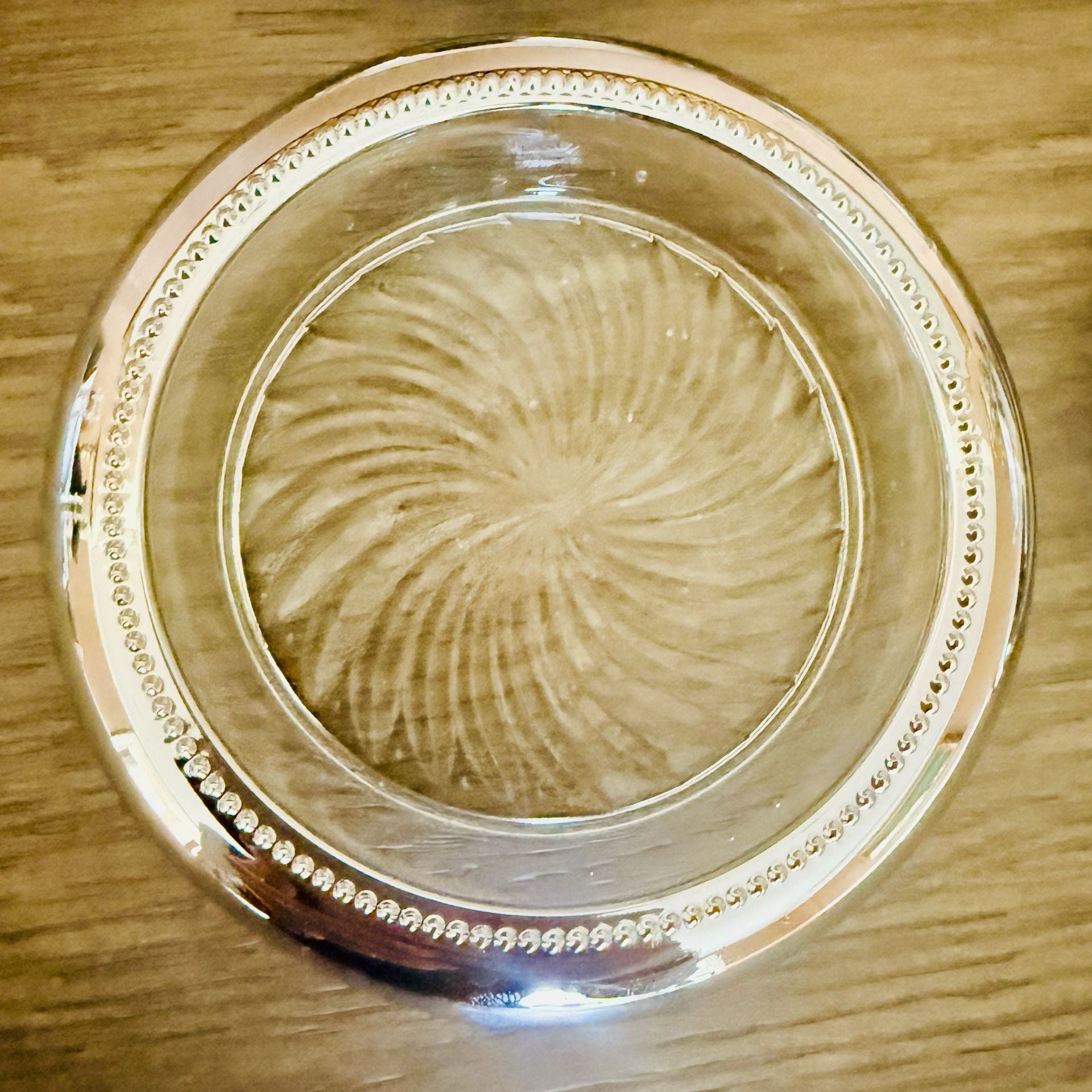 Vintage Silver Plated Glass Coasters Set Of 4 Starburst Swirl Beaded Rim 4