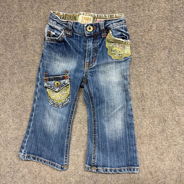 Bongo Jeans Faded Blue Floral Rhinestones Pockets Girls 12 Zipper Relax Comfort