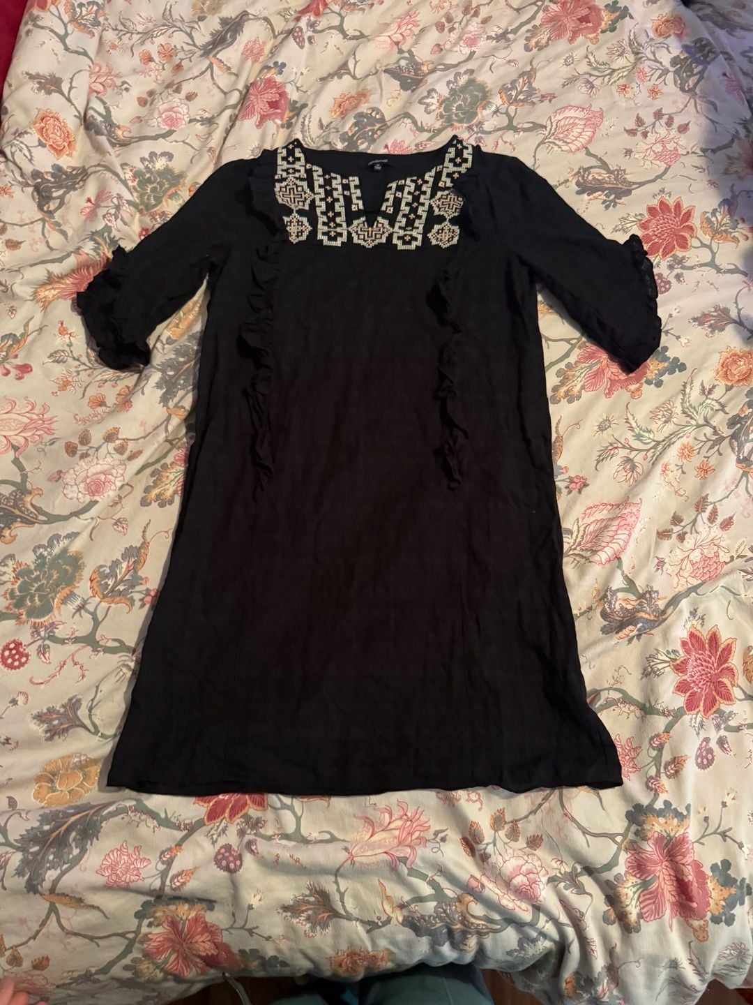 Madewell Cassia Dress Size XS Black Embroidered Ruffle Cotton 2