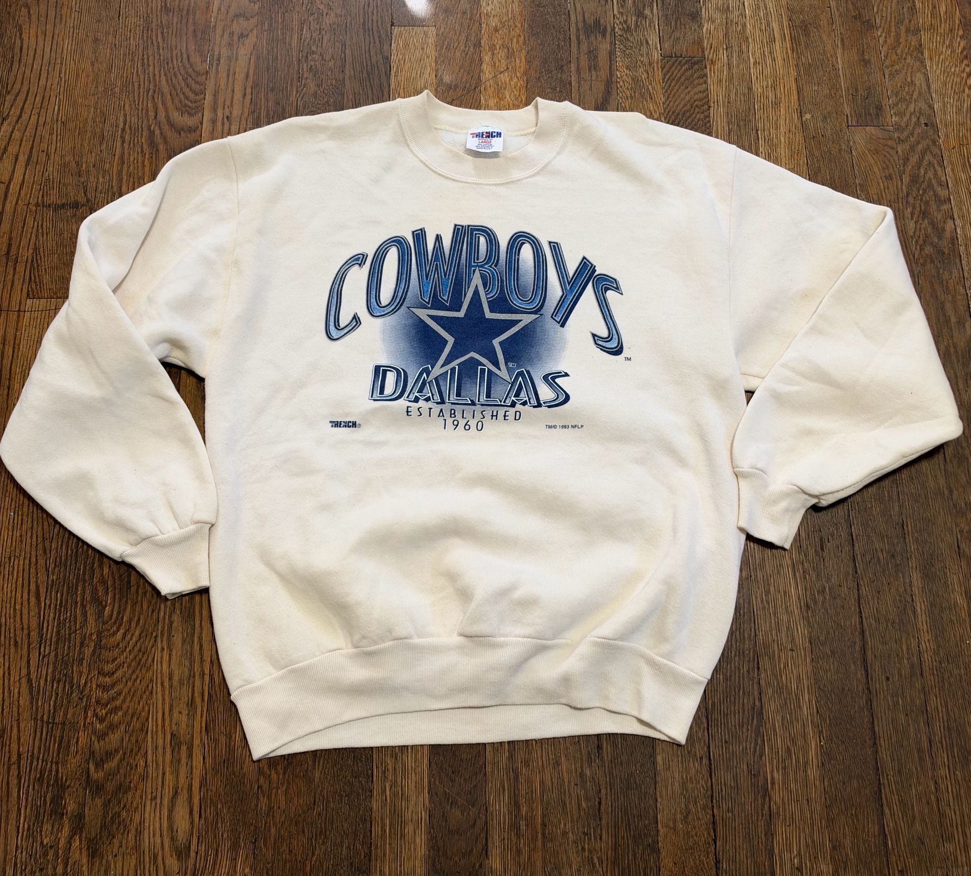 Vintage 1993 Trench Dallas Cowboys Sweatshirt Large White NFL Pullover Crewneck 2