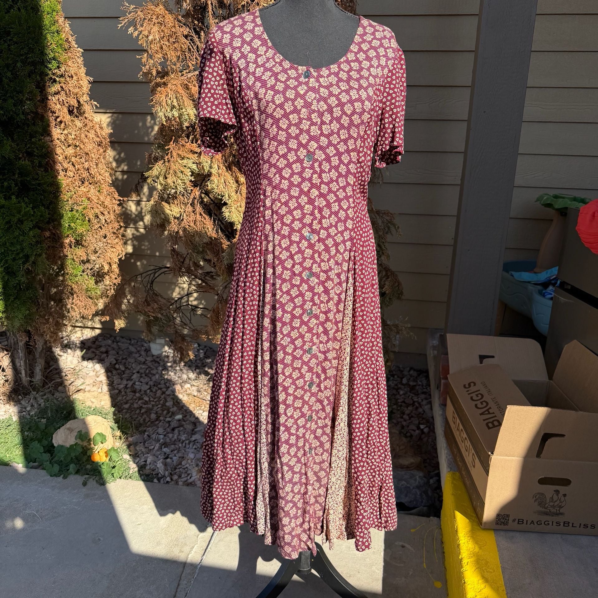 Vintage Sharagano Floral Midi Dress Size 8 Red Button Front 2