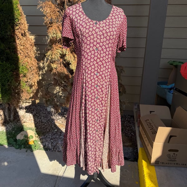 Vintage Sharagano Floral Midi Dress Size 8 Red Button Front