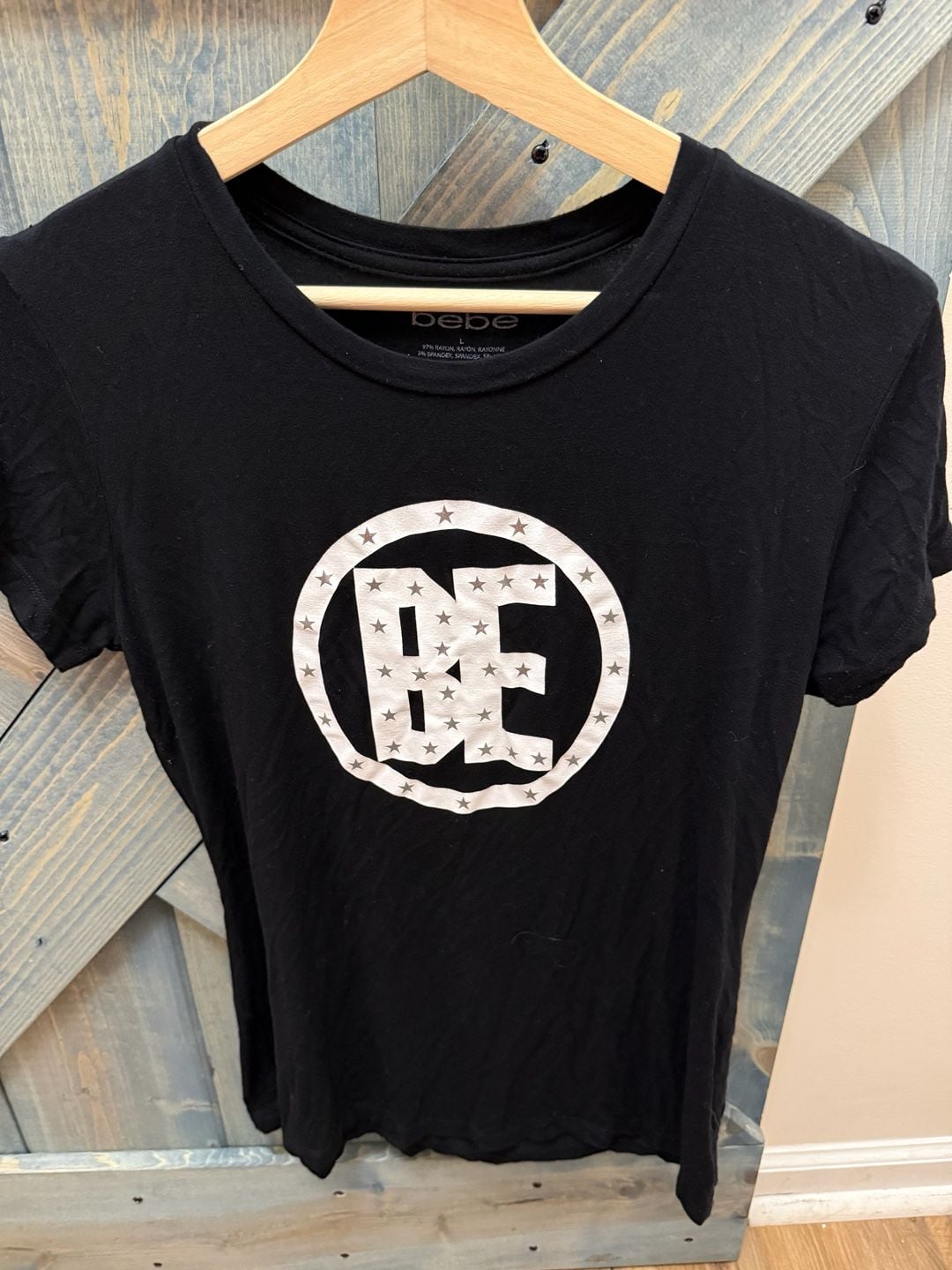 Bebe Graphic T-Shirt Size L Black Star BE Logo Short Sleeve Top 3