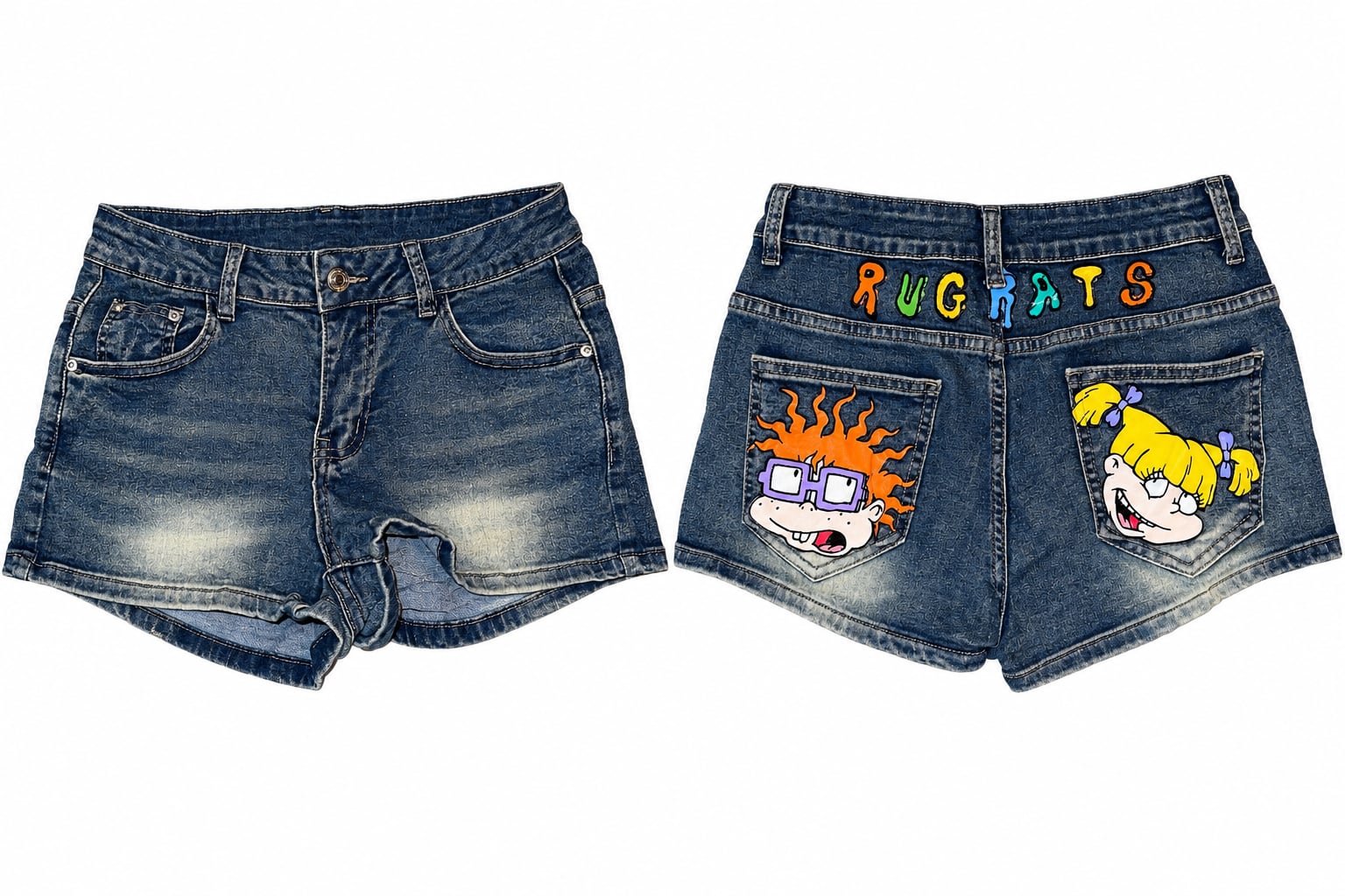 Nick 90s X ROMWE Rugrats Denim Shorts Size M Blue Cartoon Pocket 2