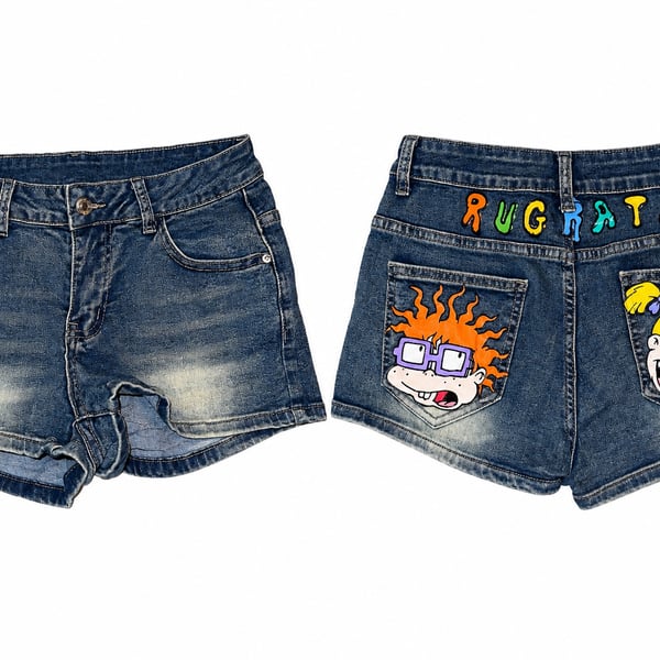Nick 90s X ROMWE Rugrats Denim Shorts Size M Blue Cartoon Pocket