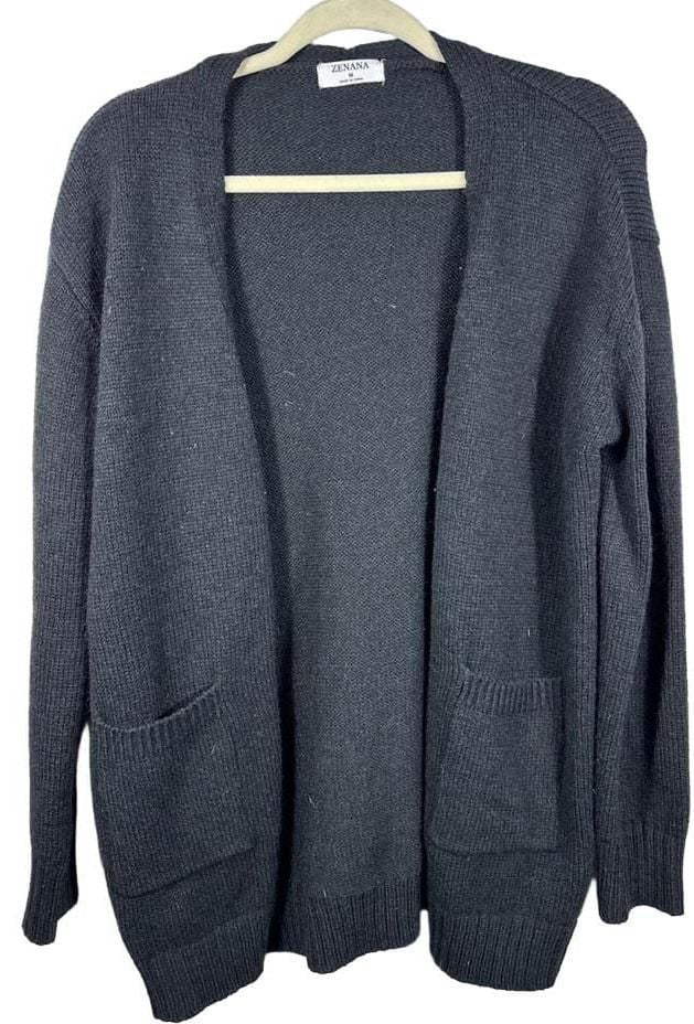 Zenana Open Front Cardigan Size M Black Knit Pockets 2