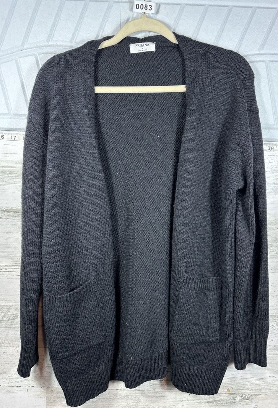 Zenana Open Front Cardigan Size M Black Knit Pockets 3