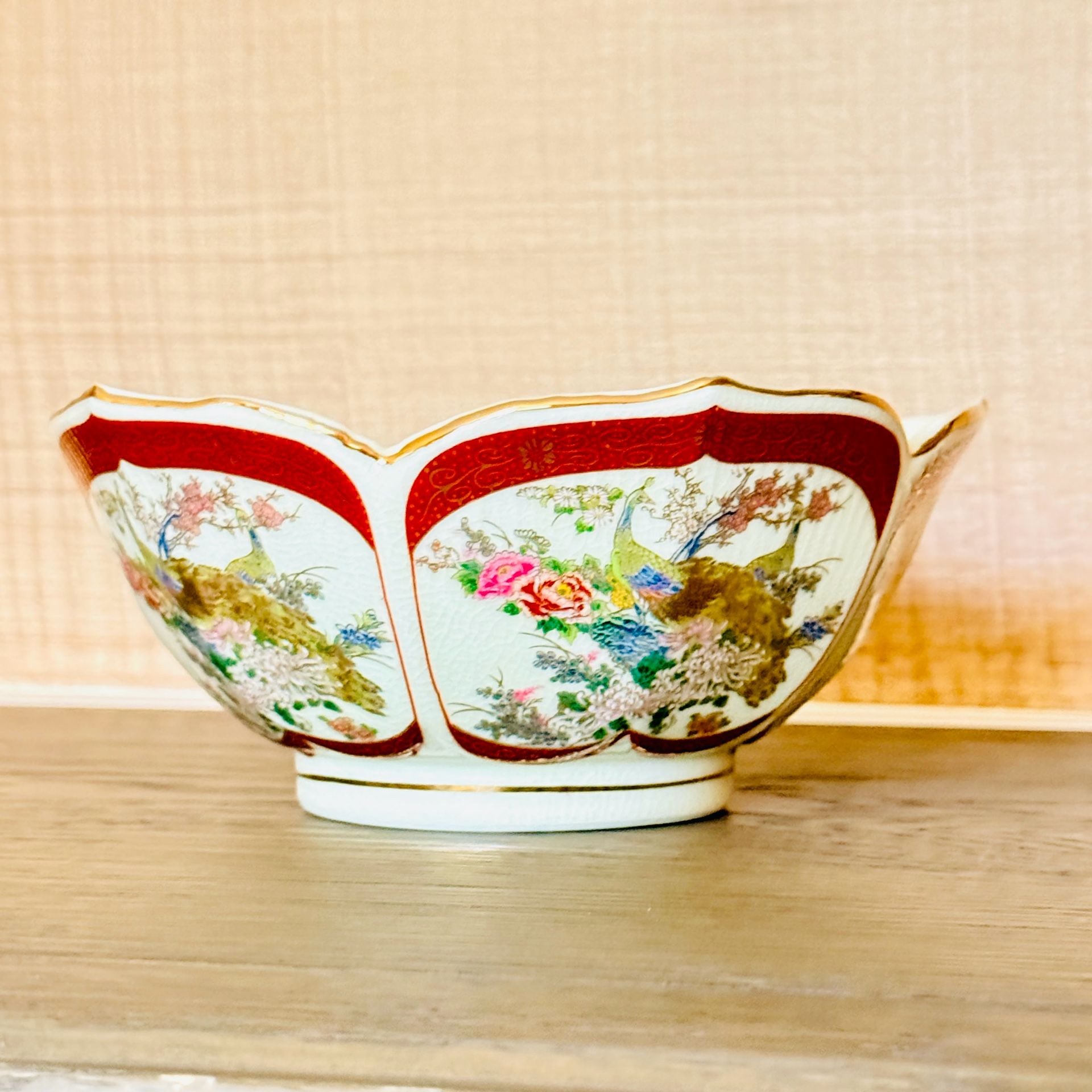 Satsuma Vintage Japanese Porcelain Bowl Peacock Flowers Gold Accents 1