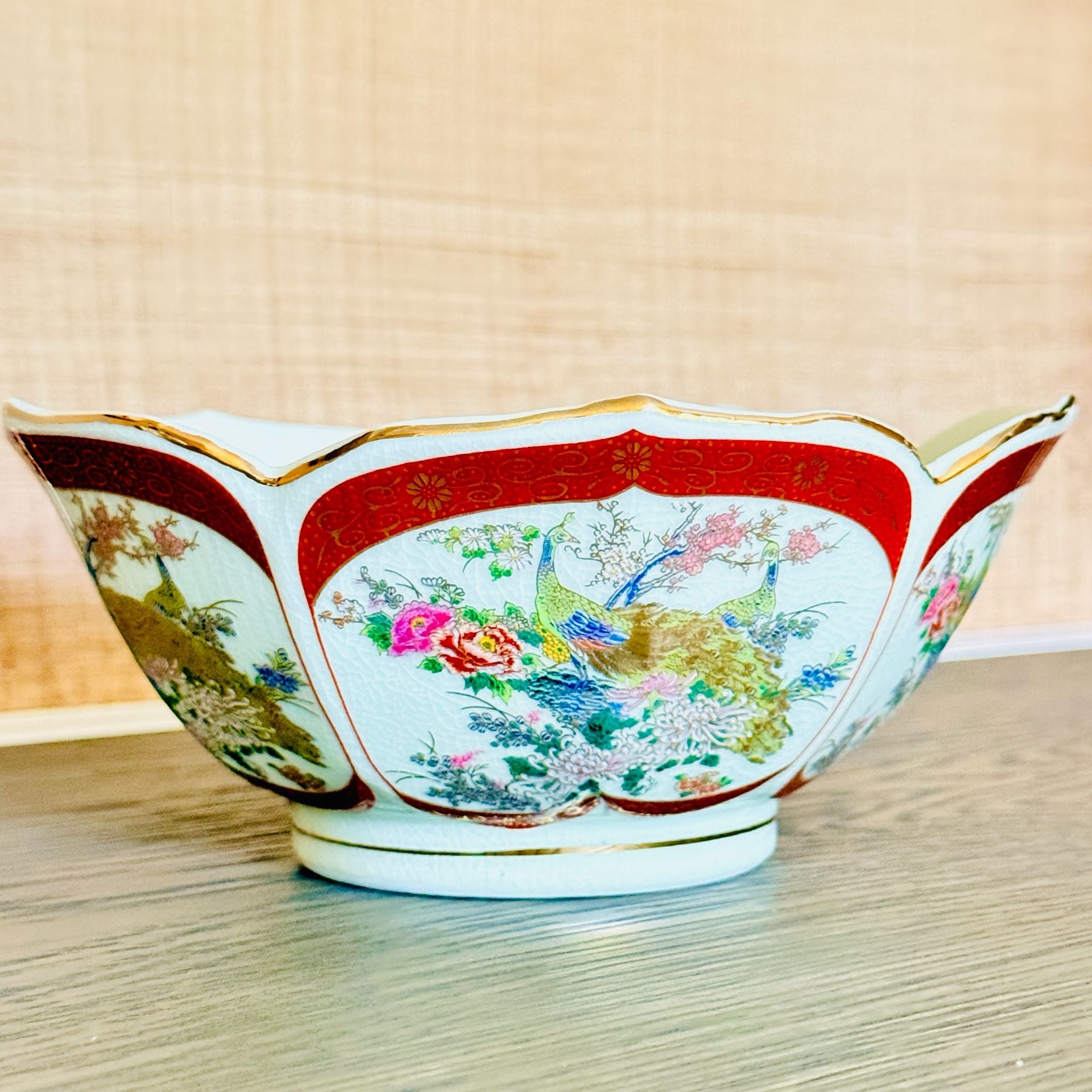 Satsuma Vintage Japanese Porcelain Bowl Peacock Flowers Gold Accents 2
