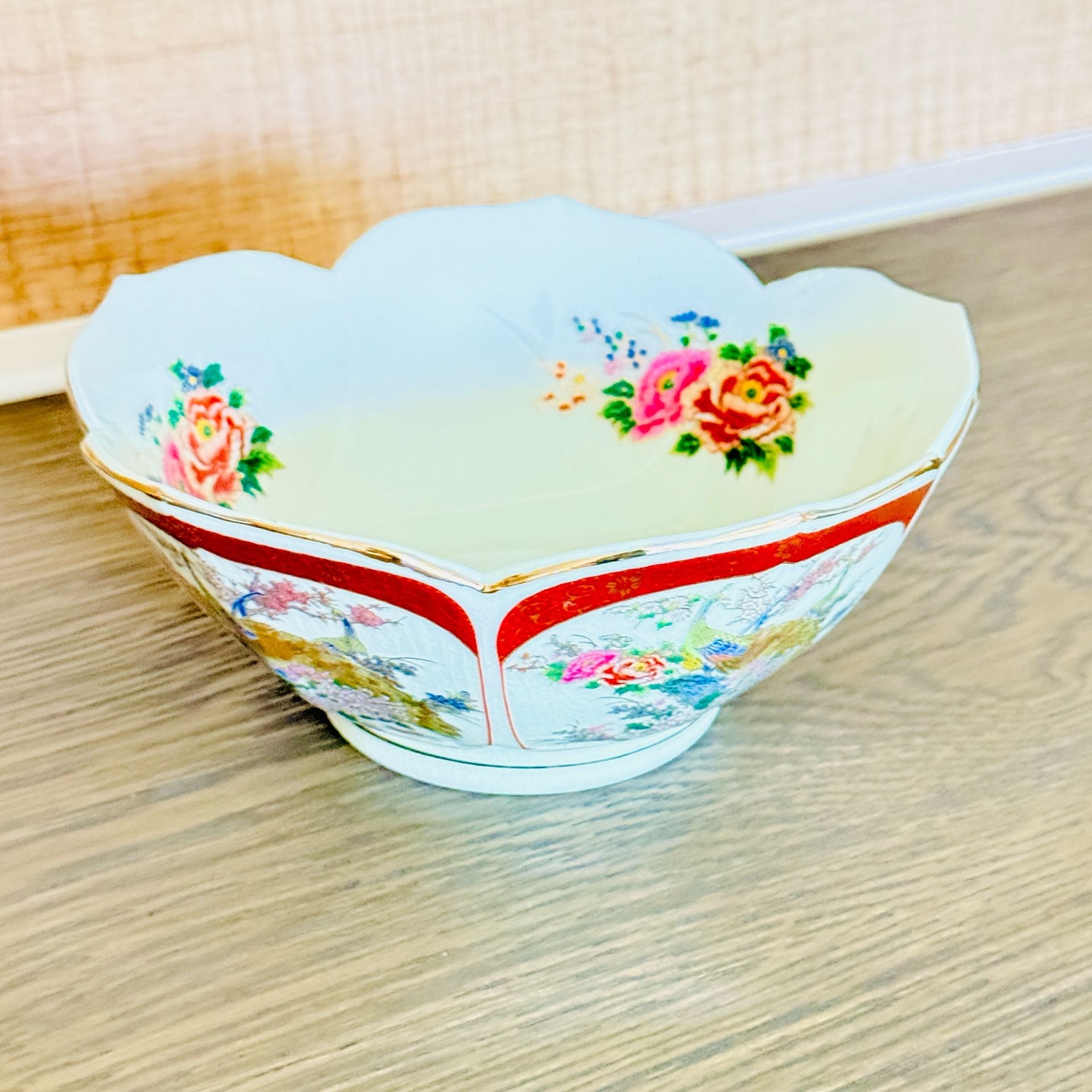 Satsuma Vintage Japanese Porcelain Bowl Peacock Flowers Gold Accents 3