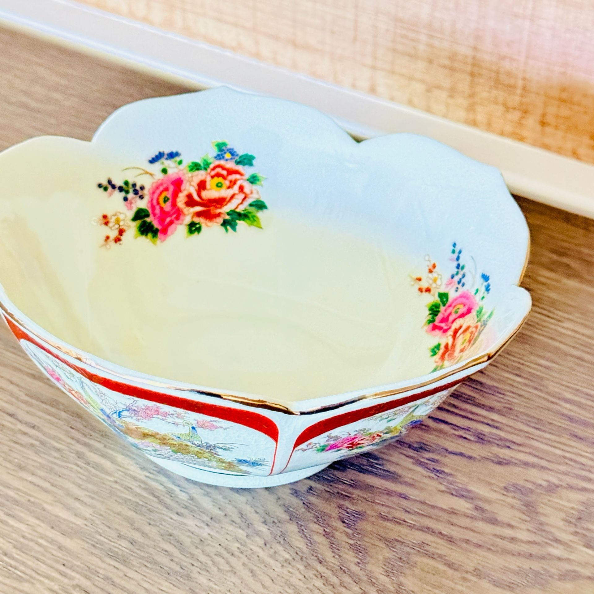 Satsuma Vintage Japanese Porcelain Bowl Peacock Flowers Gold Accents 4