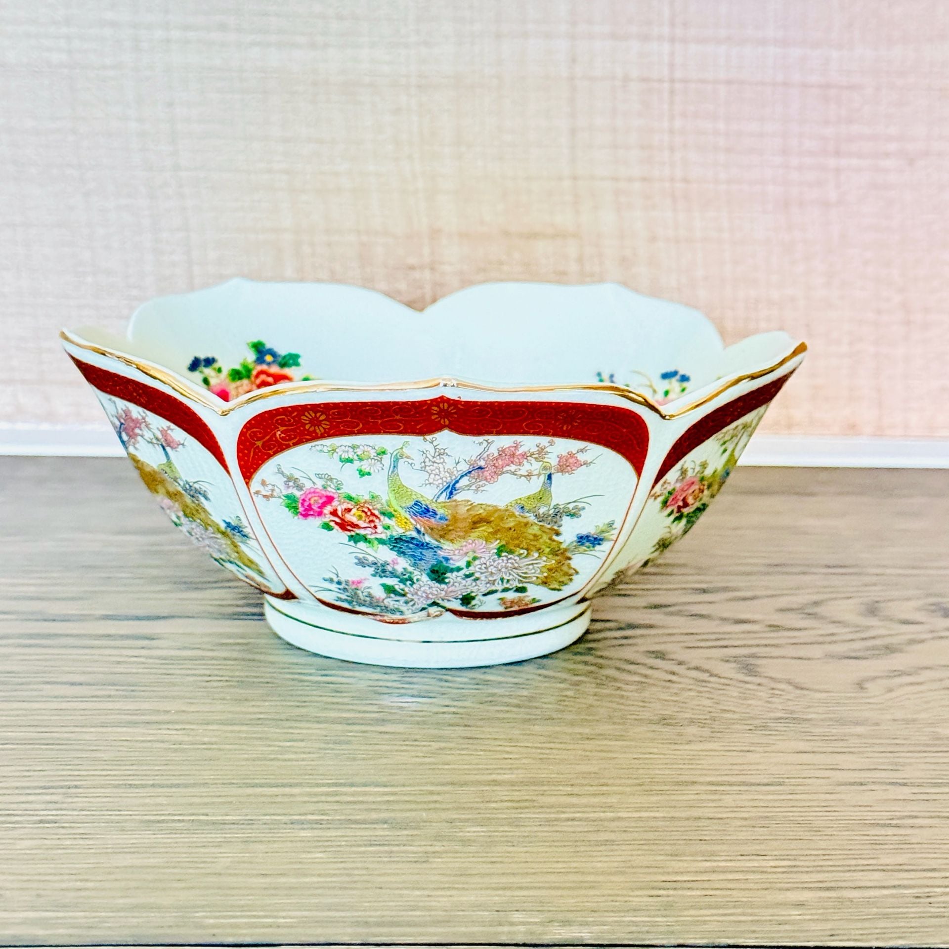 Satsuma Vintage Japanese Porcelain Bowl Peacock Flowers Gold Accents 5