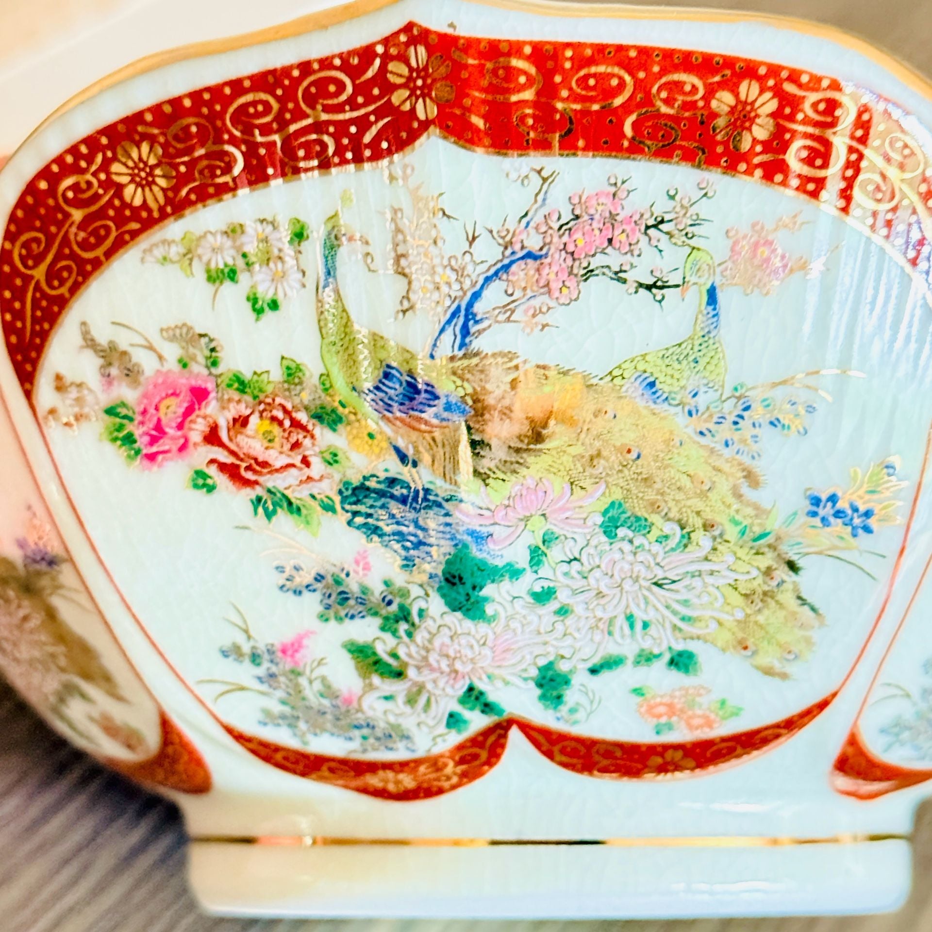 Satsuma Vintage Japanese Porcelain Bowl Peacock Flowers Gold Accents 8