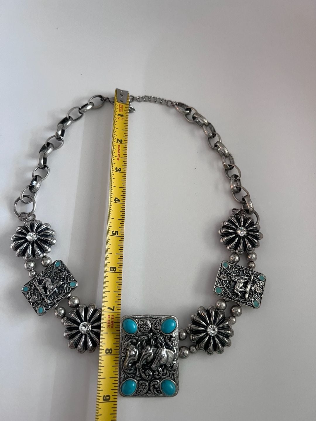 Vintage Western Silver Tone Triple Horse Head Turquoise Necklace 7