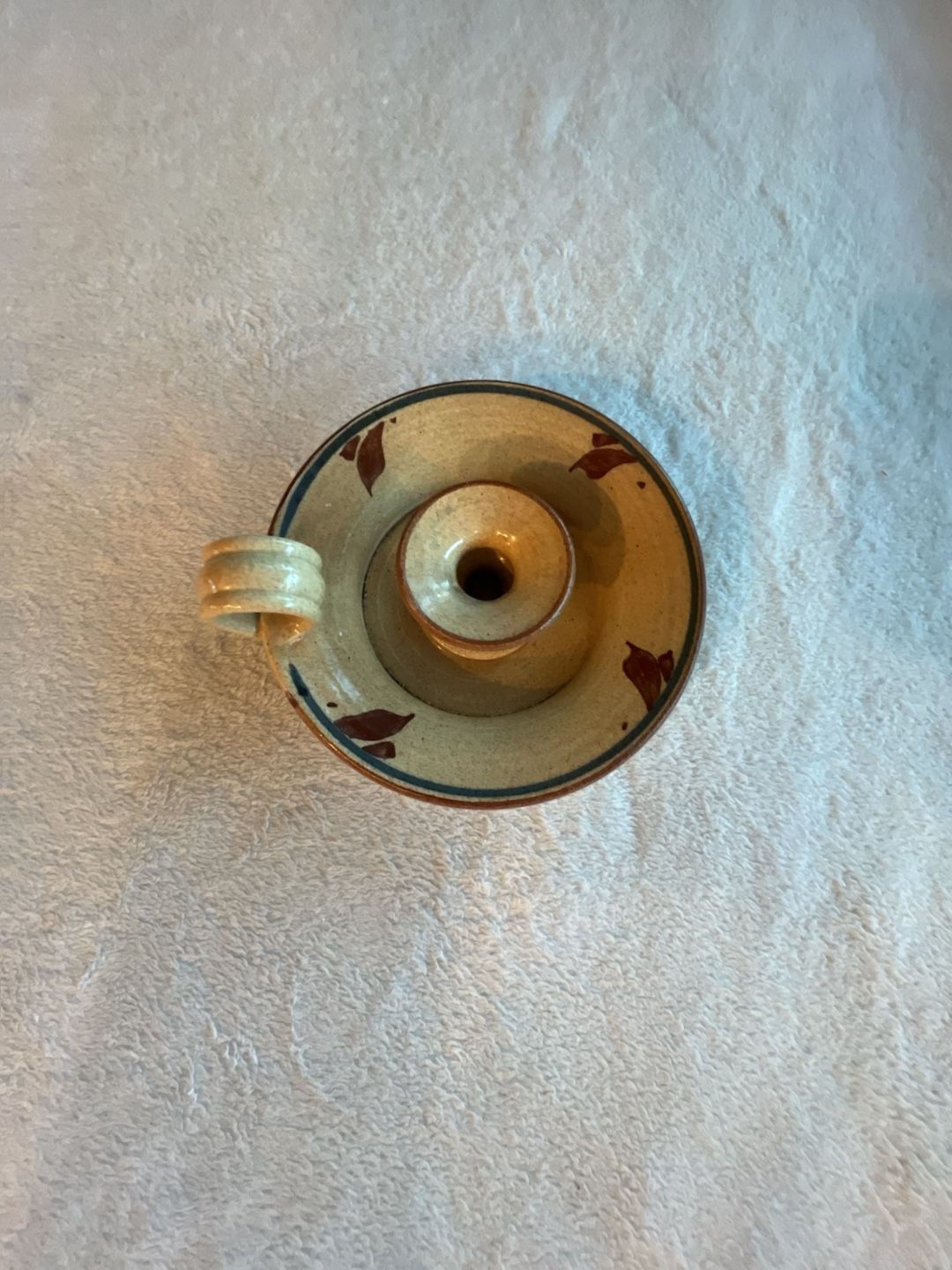 Handmade Pottery Chamberstick Candle Holder Finger Loop Brown Leaf Glaze 1