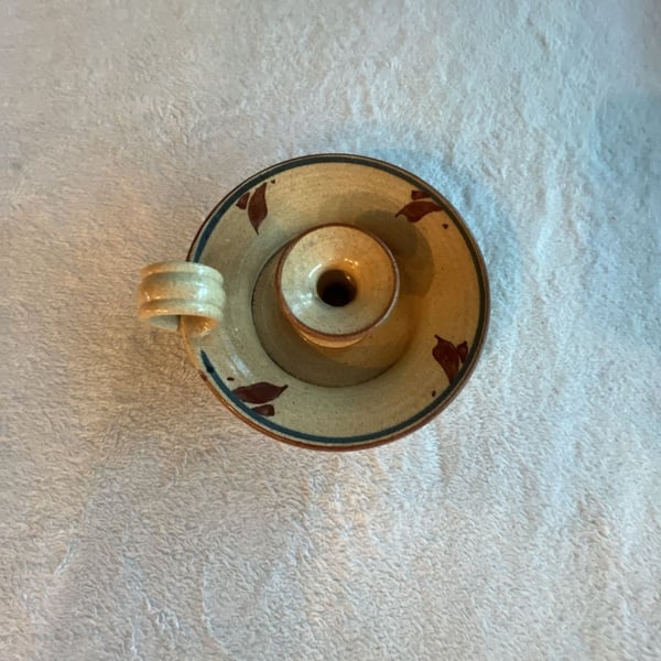 Handmade Pottery Chamberstick Candle Holder Finger Loop Brown Leaf Glaze