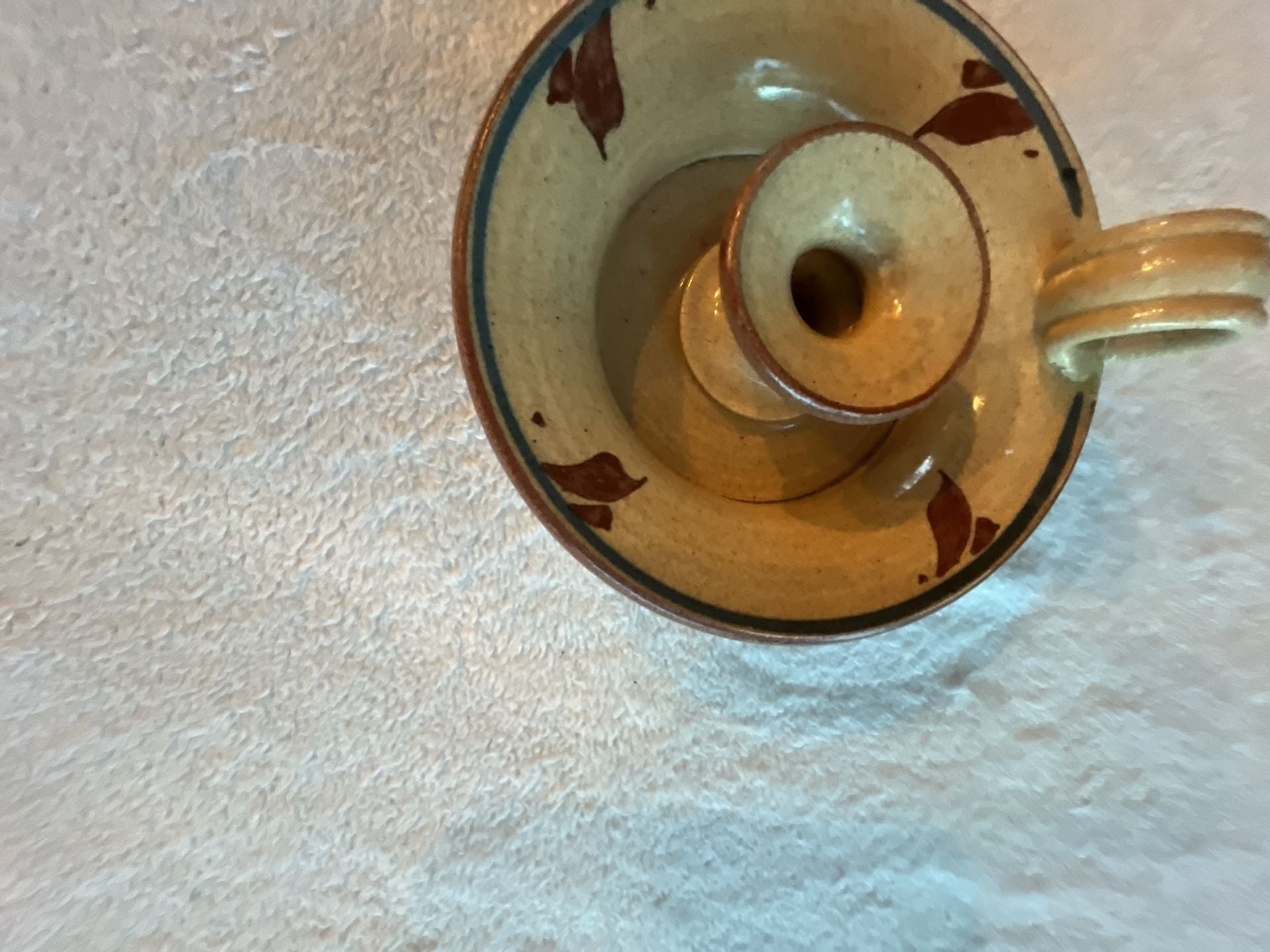 Handmade Pottery Chamberstick Candle Holder Finger Loop Brown Leaf Glaze 3