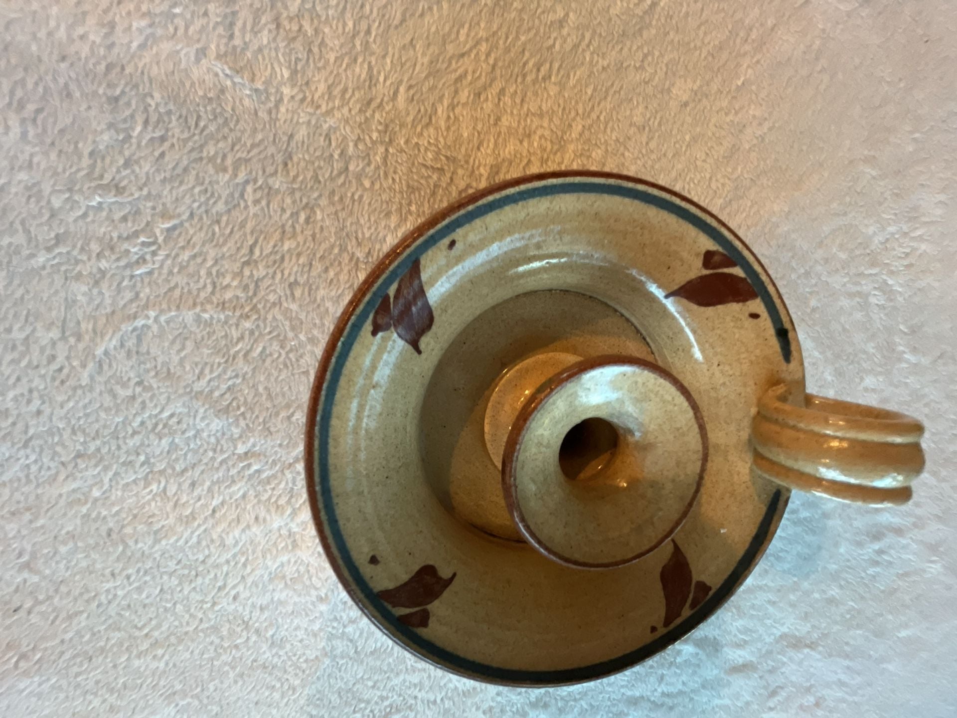 Handmade Pottery Chamberstick Candle Holder Finger Loop Brown Leaf Glaze 4