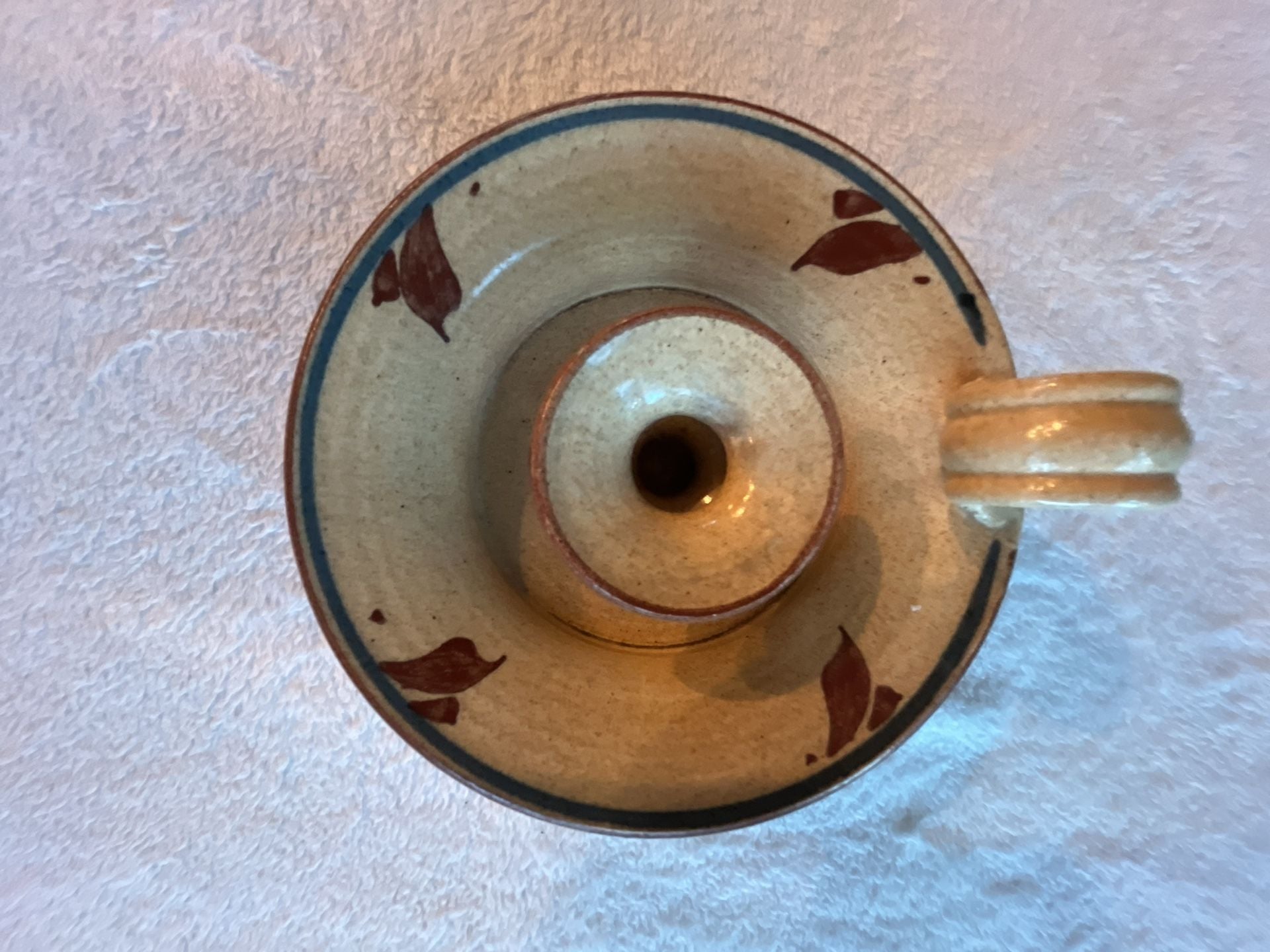 Handmade Pottery Chamberstick Candle Holder Finger Loop Brown Leaf Glaze 5