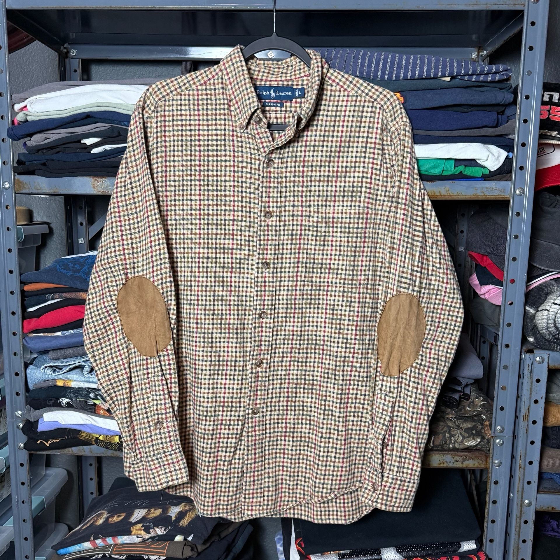 Vintage Ralph Lauren Classic Fit Plaid Shirt Size L Suede Elbow Patches 1