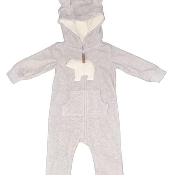 Carter’s Fleece Zip Up Jumpsuit With Sherpa Lined Hood Polar Bear Grey 9M