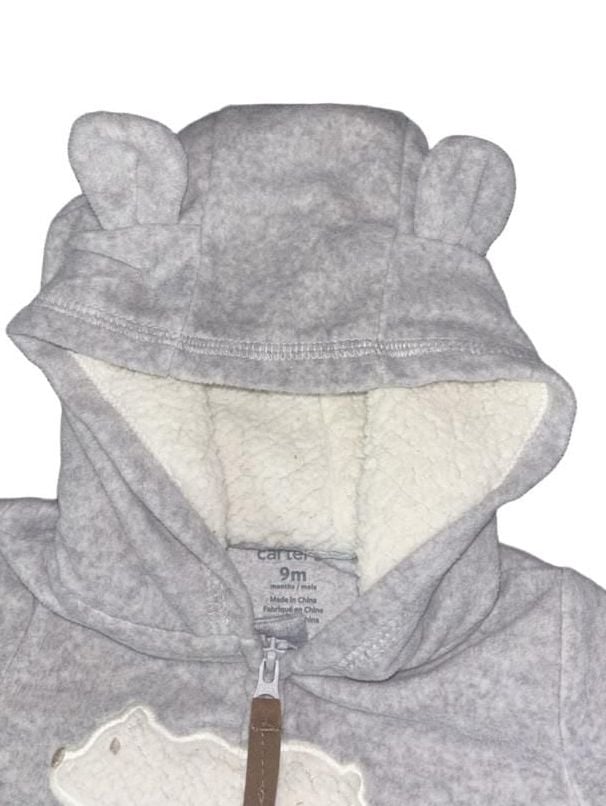 Carter’s Fleece Zip Up Jumpsuit With Sherpa Lined Hood Polar Bear Grey 9M 9