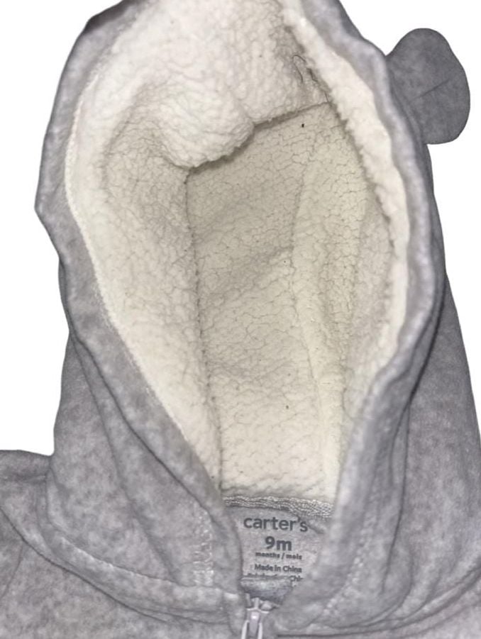 Carter’s Fleece Zip Up Jumpsuit With Sherpa Lined Hood Polar Bear Grey 9M 10