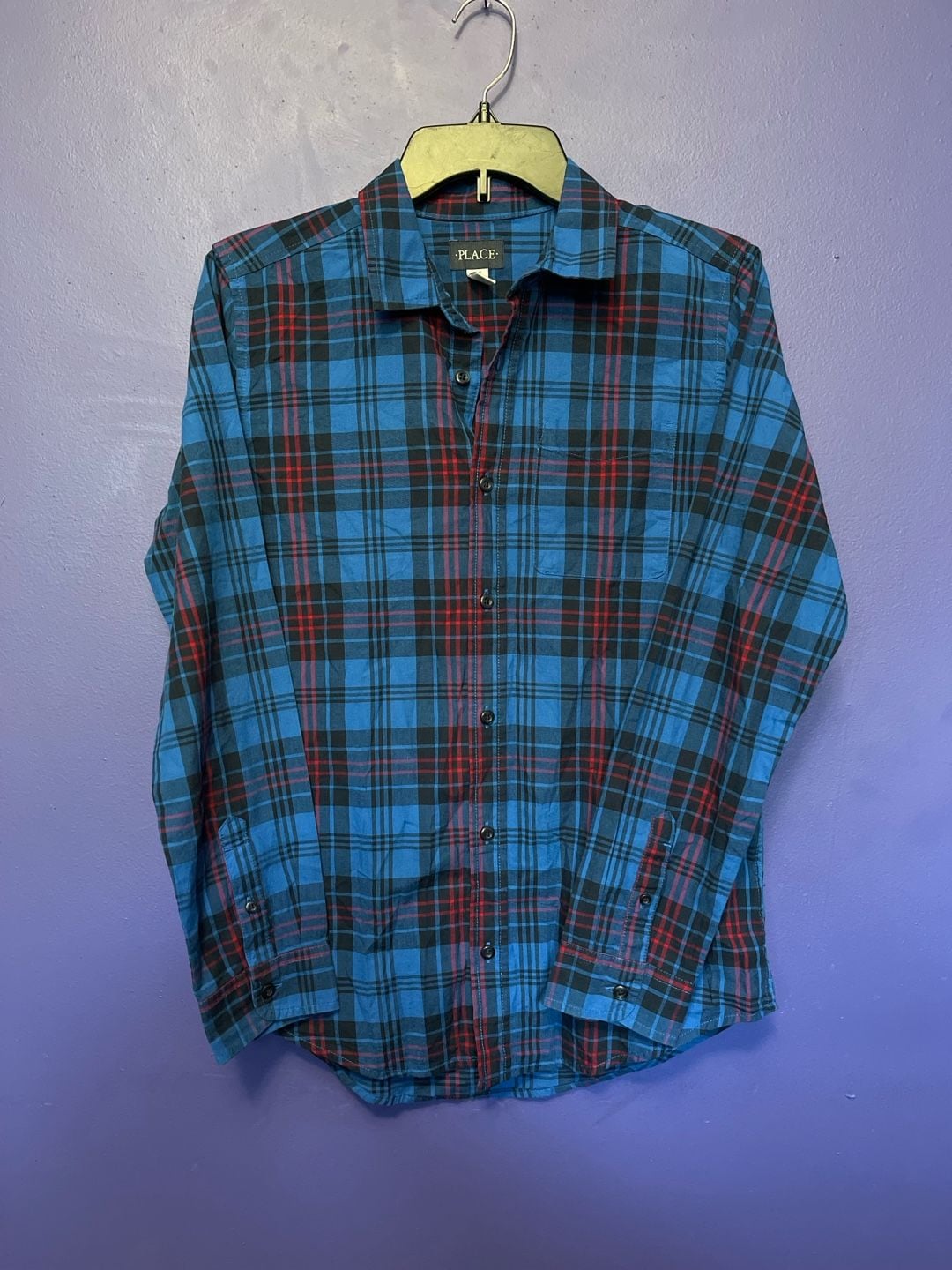 The Children's Place Plaid Button-Down Shirt Size 16 Blue Red Long Sleeve 2