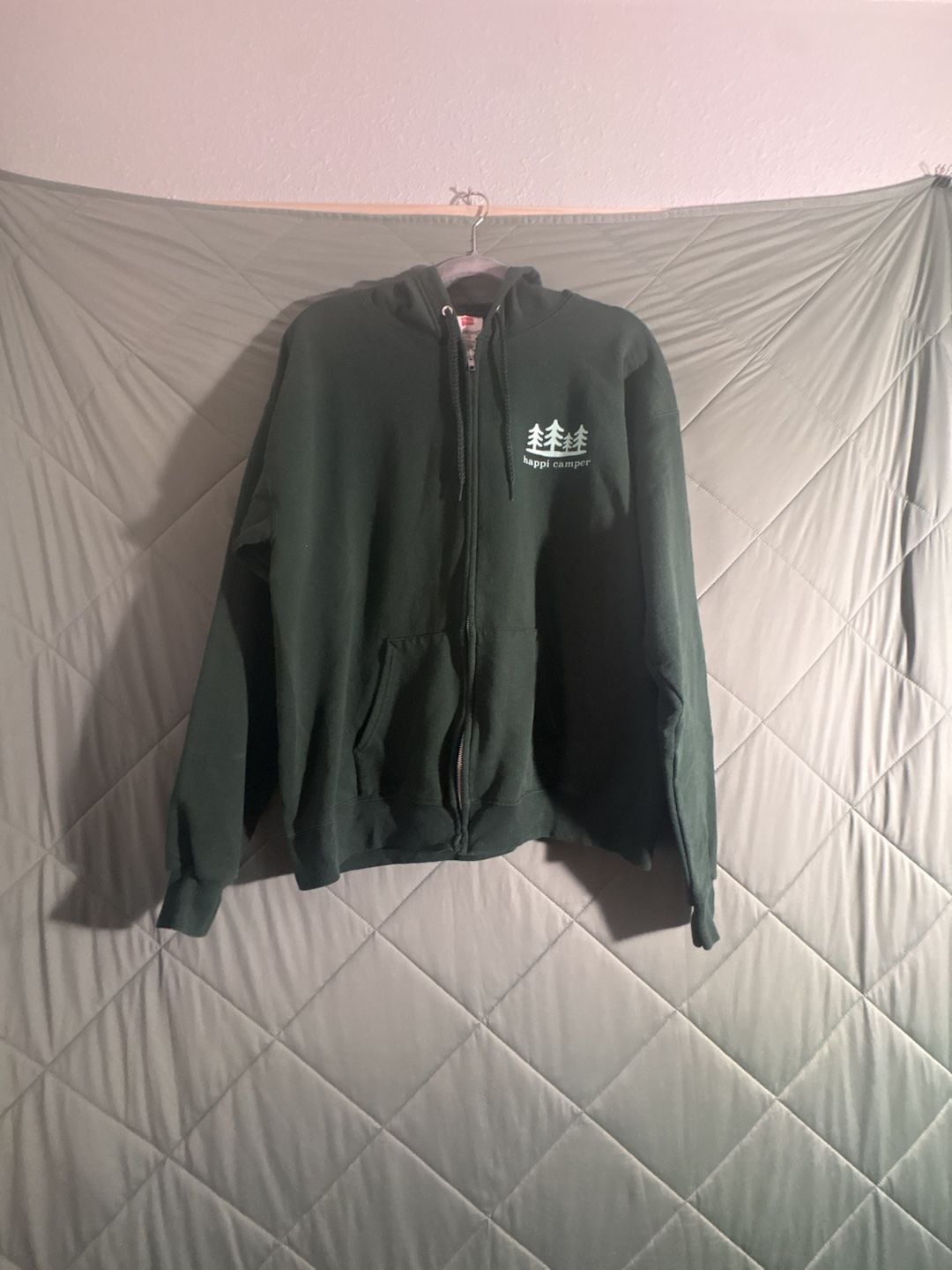 Hanes Ecosmart Zip Up Hoodie Size L Green Happi Camper Graphic 2