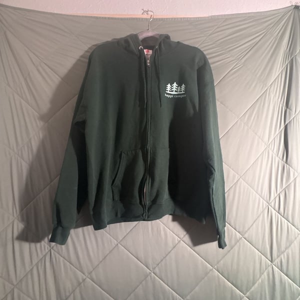 Hanes Ecosmart Zip Up Hoodie Size L Green Happi Camper Graphic
