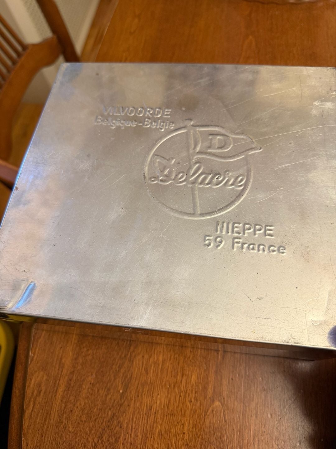 Delacre Vintage Metal Biscuit Tin Box Vilvoorde Nieppe France Silver 1